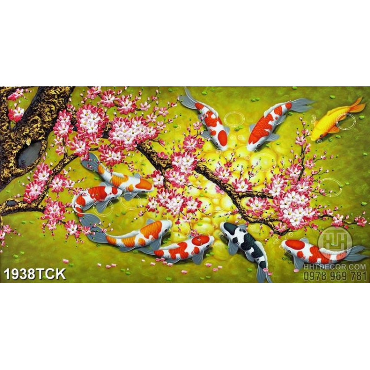 Tranh decor hồ cá koi sơn dầu dưới cành hoa đào nở rộ