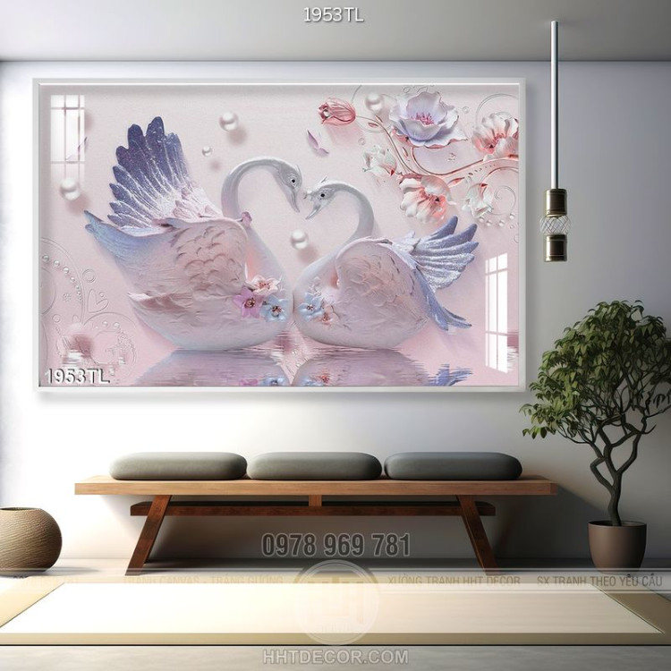 Tranh lụa 3D chim thiên nga và hoa Sen trang trí đẹp