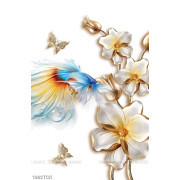 Tranh trang trí cá chép khoe đuôi dài bên hoa dáp vàng