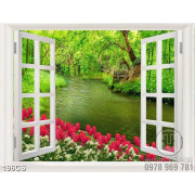 Tranh cửa sổ và hoa tulip bên dòng sông xanh 