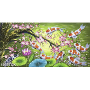 Tranh sơn dầu cá koi trong hồ dưới gốc hoa đào trang trí 