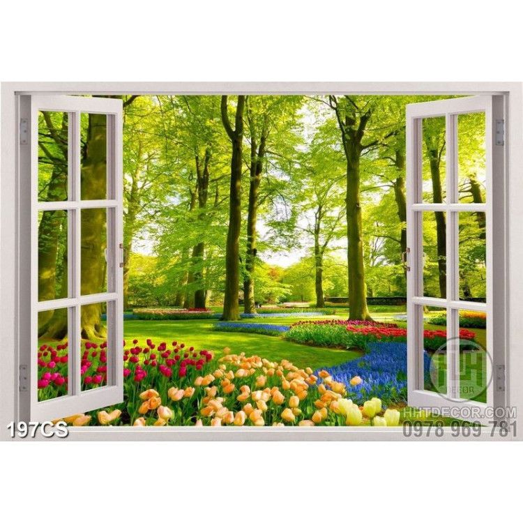 Tranh cửa sổ và khu vườn hoa file psd