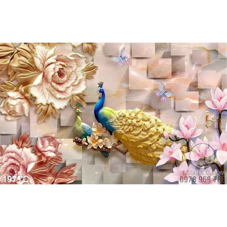 Tranh chim công phù điều và hoa đẹp 3d in uv