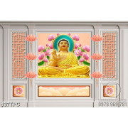 Tranh phào chỉ rèm màn psd Phật Di Lặc tọa lạc bên hồ hoa sen