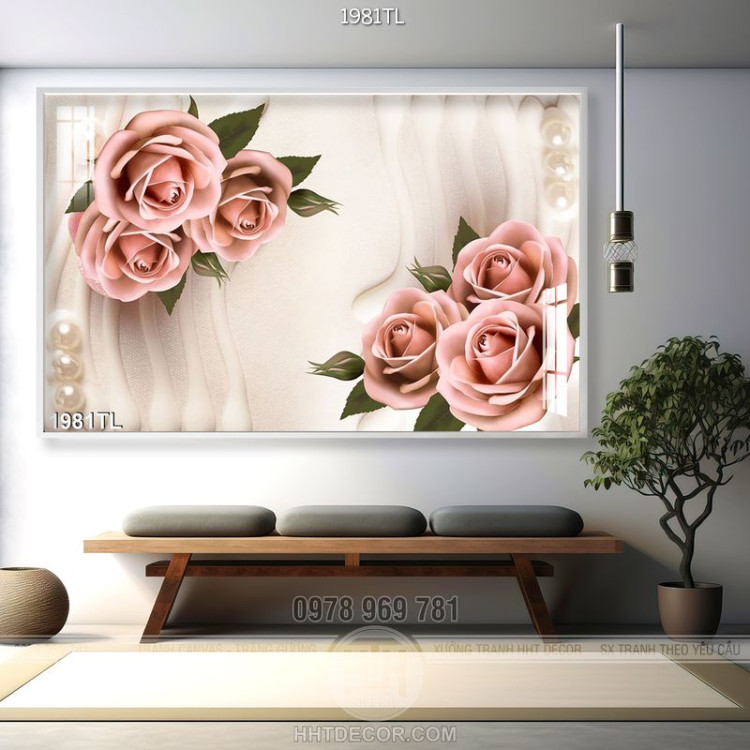 Tranh lụa 3D hoa hồng cổ điển trang trí phòng khách