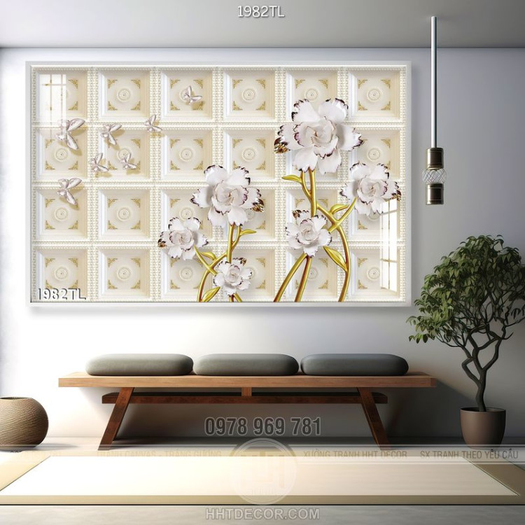 Tranh hoa 3D nền cổ điển trang trí phòng ngủ đẹp