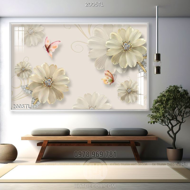 Tranh lụa 3D hoa Cúc dán tường phòng khách