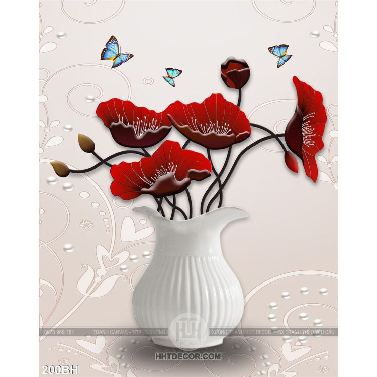Tranh chậu hoa gốm trắng và hoa màu đỏ đẹp
