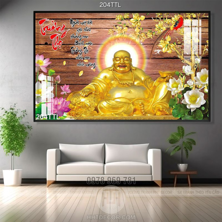 Tranh psd tượng Phật Di Lặc thư pháp trường thọ
