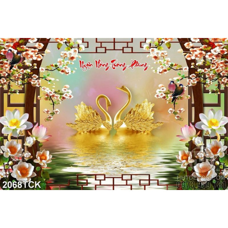 Tranh đôi thiên nga vàng trong hồ hoa sen trắng in 5d