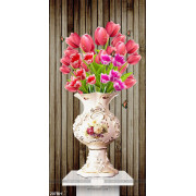 Tranh chậu hoa gốm sứ trắng và hoa tulip màu hồng