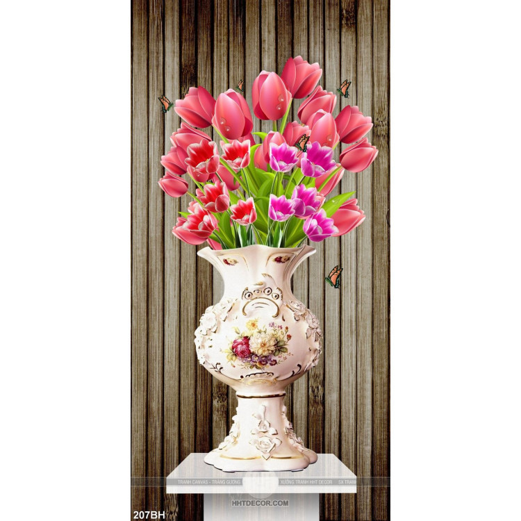 Tranh chậu hoa gốm sứ trắng và hoa tulip màu hồng