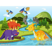 Tranh các loại khủng long bên hồ nước
