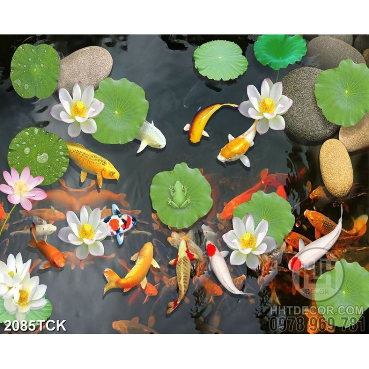 Tranh sơn dầu đàn cá chép trong hồ hoa sen khoe sắc