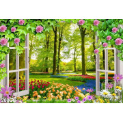 Tranh khung cửa sổ và vườn hoa nở rộ file psd 