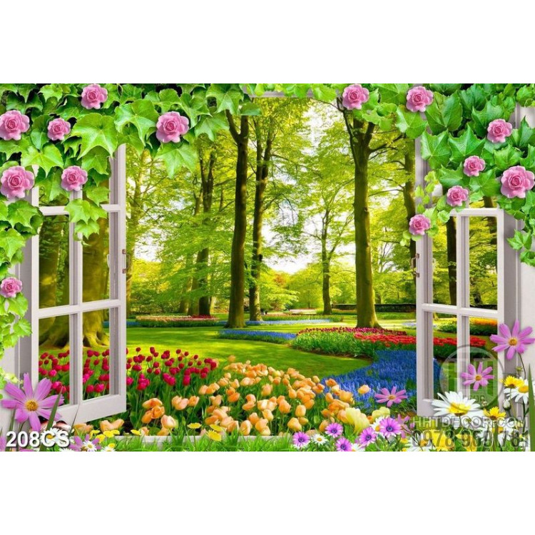 Tranh khung cửa sổ và vườn hoa nở rộ file psd 