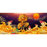 Tranh hồ hoa sen và cá chép dưới ánh trăng vàng psd