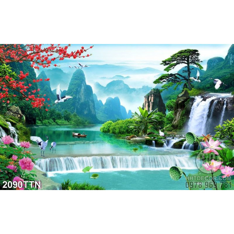 Tranh in 3D phong cảnh thác nước phong thủy