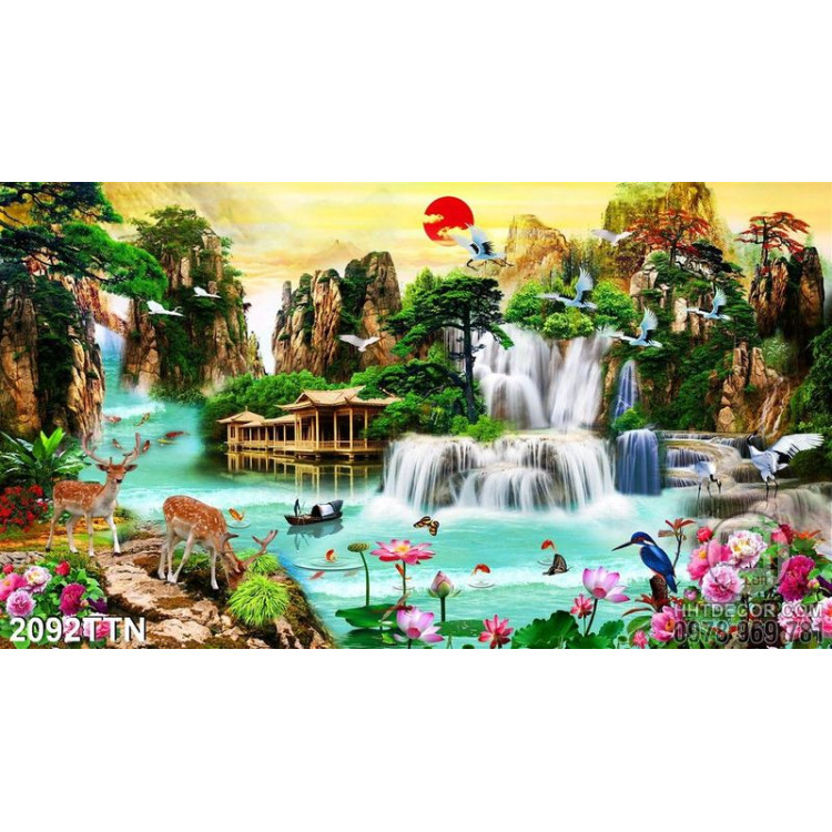 Tranh decor thác nước phong thủy in 3d