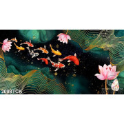 Tranh cá chép vàng bên những bông hoa sen hồng in 5d