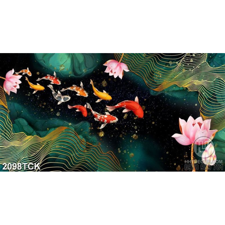 Tranh cá chép vàng bên những bông hoa sen hồng in 5d