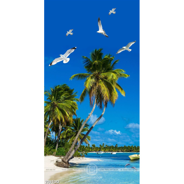 Tranh hàng dừa và bãi biển file psd miễn phí