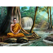 Tranh sơn dầu Phật Thích Ca và thác nước đẹp