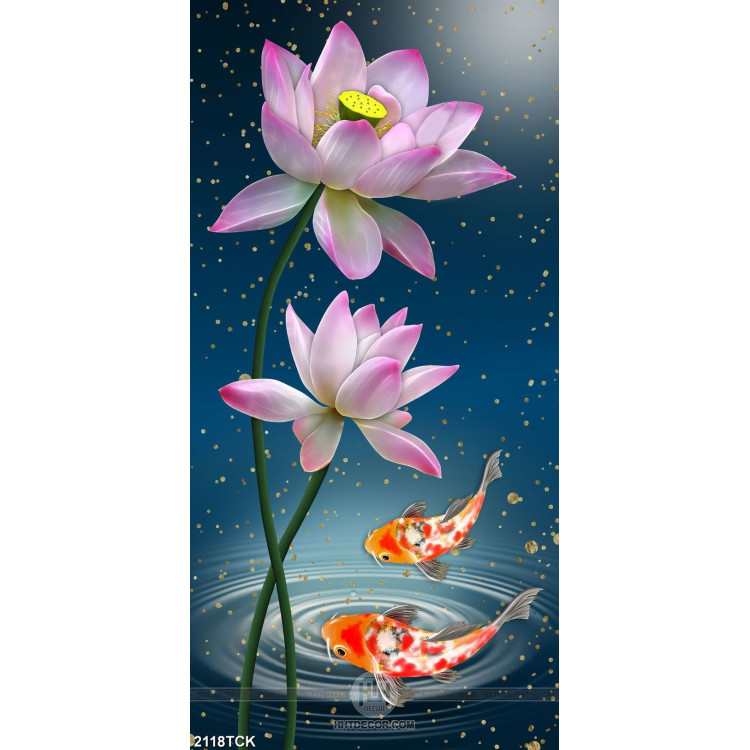 Tranh decor hoa sen và đàn cá chép trong đêm huyền ảo