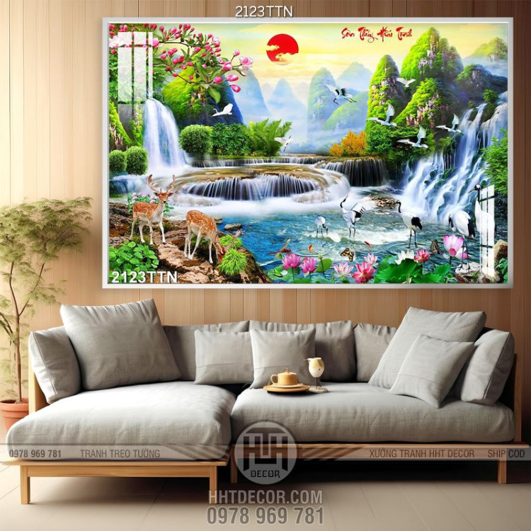 Tranh decor sơn thủy và dàn hươu