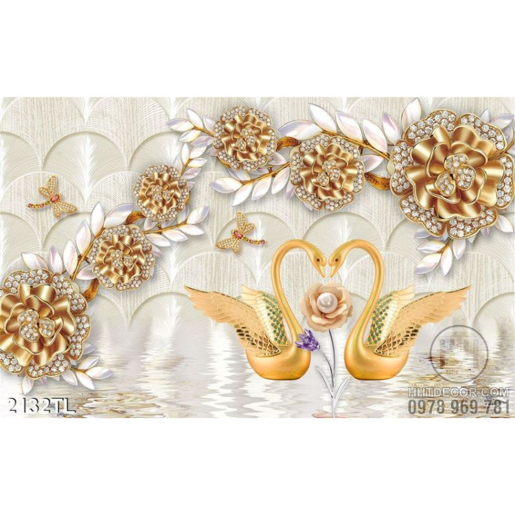 Tranh lụa 3D chim thiên nga vàng hoa hồng