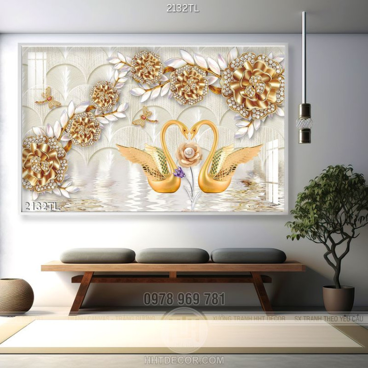 Tranh lụa 3D chim thiên nga vàng hoa hồng