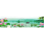 Tranh hồ hoa sen hồng và người lái đò trên sông psd
