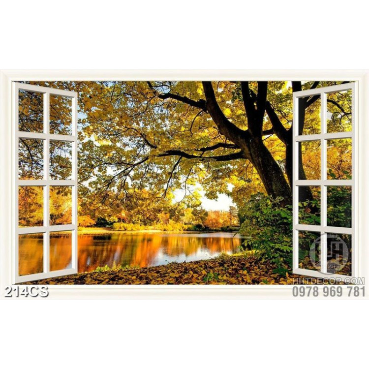Tranh khung cửa và cây lá vàng mùa thu đẹp nghệ thuật