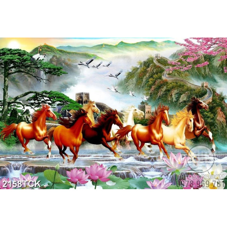 Tranh đàn ngựa phi trên thác nước đầy hoa sen in 5d