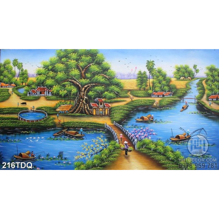 Tranh sơn dầu decor phòng làng quê Việt Nam in kính