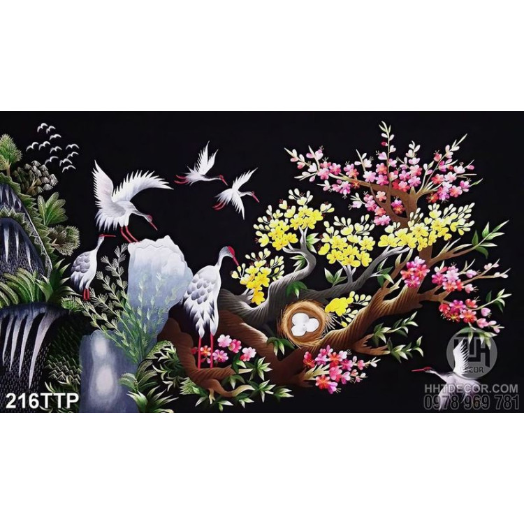 Tranh thư pháp treo tường đàn chim hạc và hoa