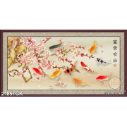 Tranh nghệ thuật hoa sen và đàn cá chép dưới hoa đào