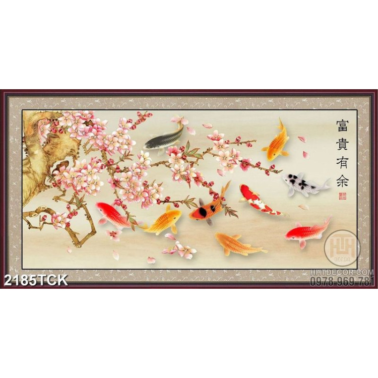 Tranh nghệ thuật hoa sen và đàn cá chép dưới hoa đào