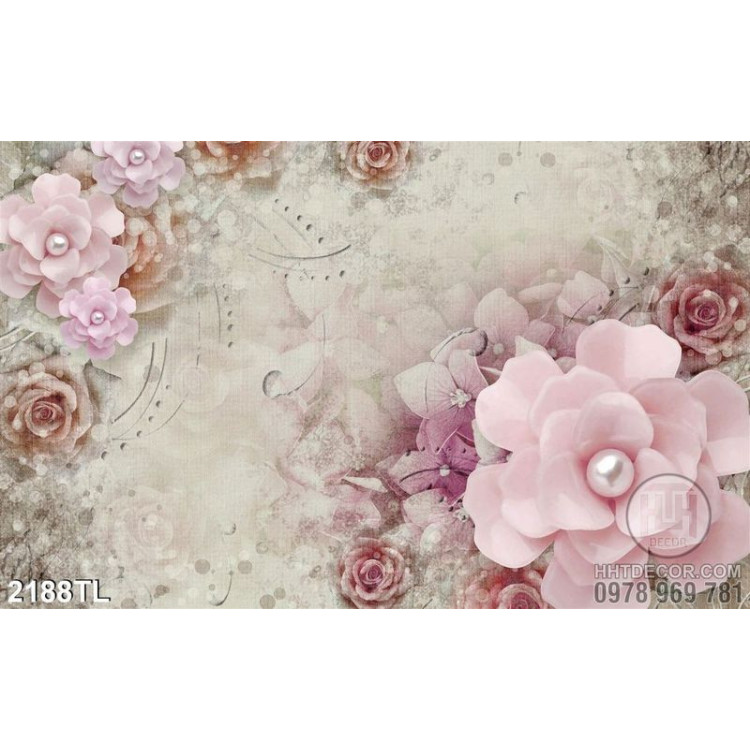 Tranh lụa 3D hoa hồng ngọc trai đẹp 