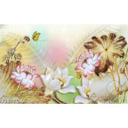 Tranh những bông hoa sen trắng giả ngọc bên chú bướm