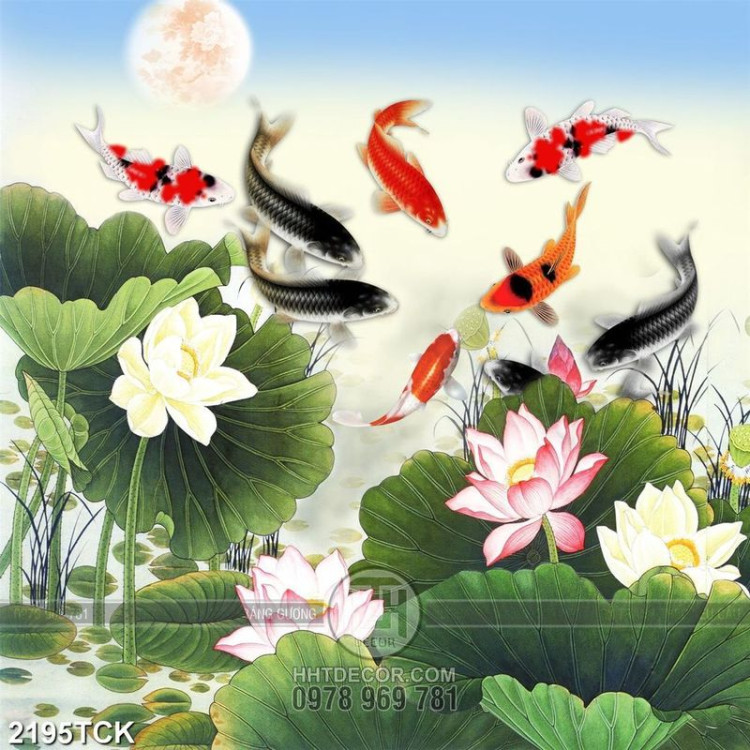 Tranh hồ hoa sen hồng và đàn cá chép dưới trăng psd