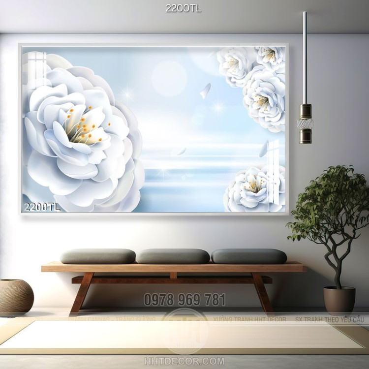 Tranh lụa 3D hoa Trà trang trí phòng ngủ 
