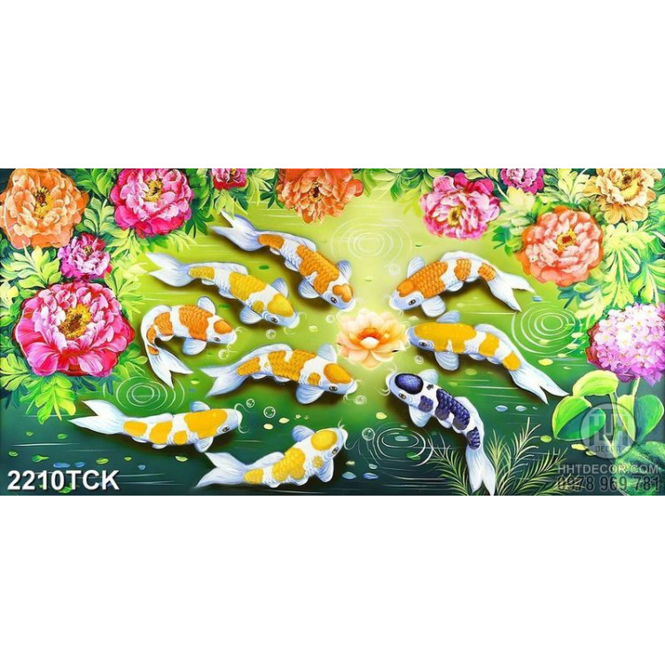 Tranh hồ hoa sen hồng và đàn cá chép vàng trong hồ psd