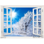 Tranh cửa sổ bên cây phủ đầy tuyết trắng đẹp decor tường