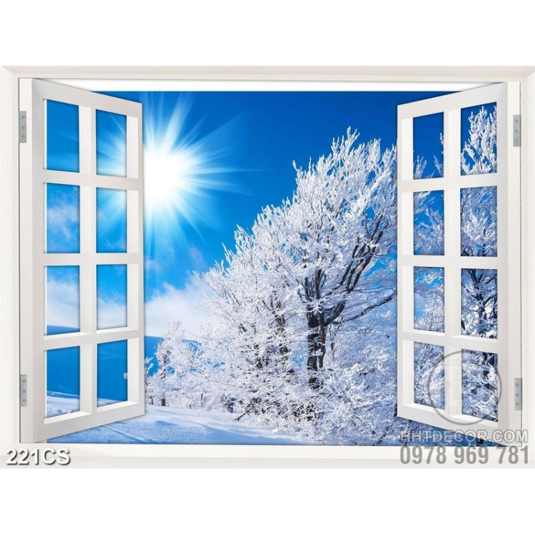 Tranh cửa sổ bên cây phủ đầy tuyết trắng đẹp decor tường