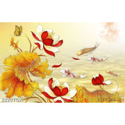 Tranh in tường đầm hoa sen vàng bên đàn cá chép bơi lội