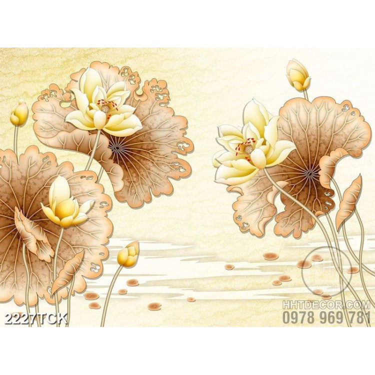 Tranh decor hoa sen vàng trong hồ nước dán tường
