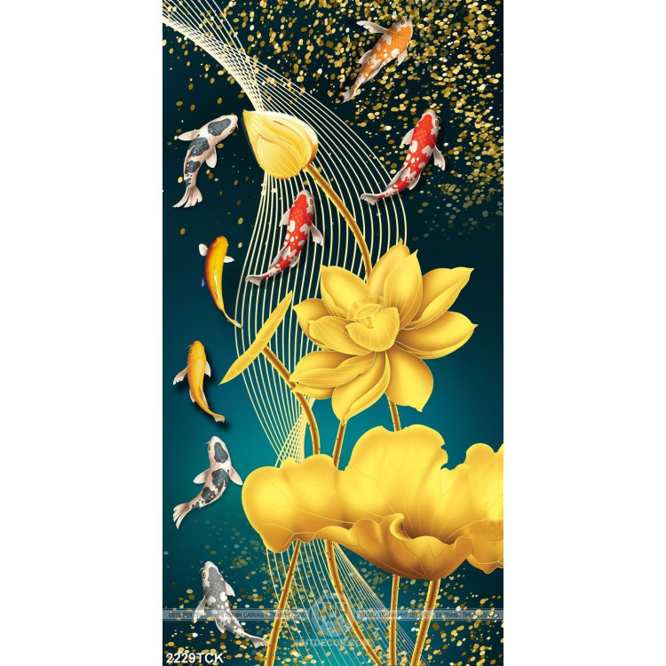 Tranh hồ hoa sen vàng và đàn cá nhiều màu sắc trong đêm