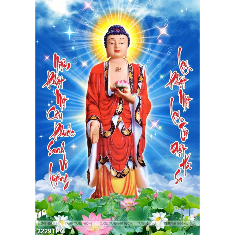 Tranh Phật A Di Đà và câu đối kinh Phật