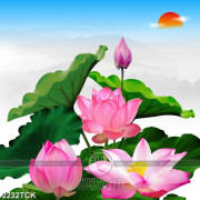 Tranh trang trí những bông hoa sen hồng bên trời xanh